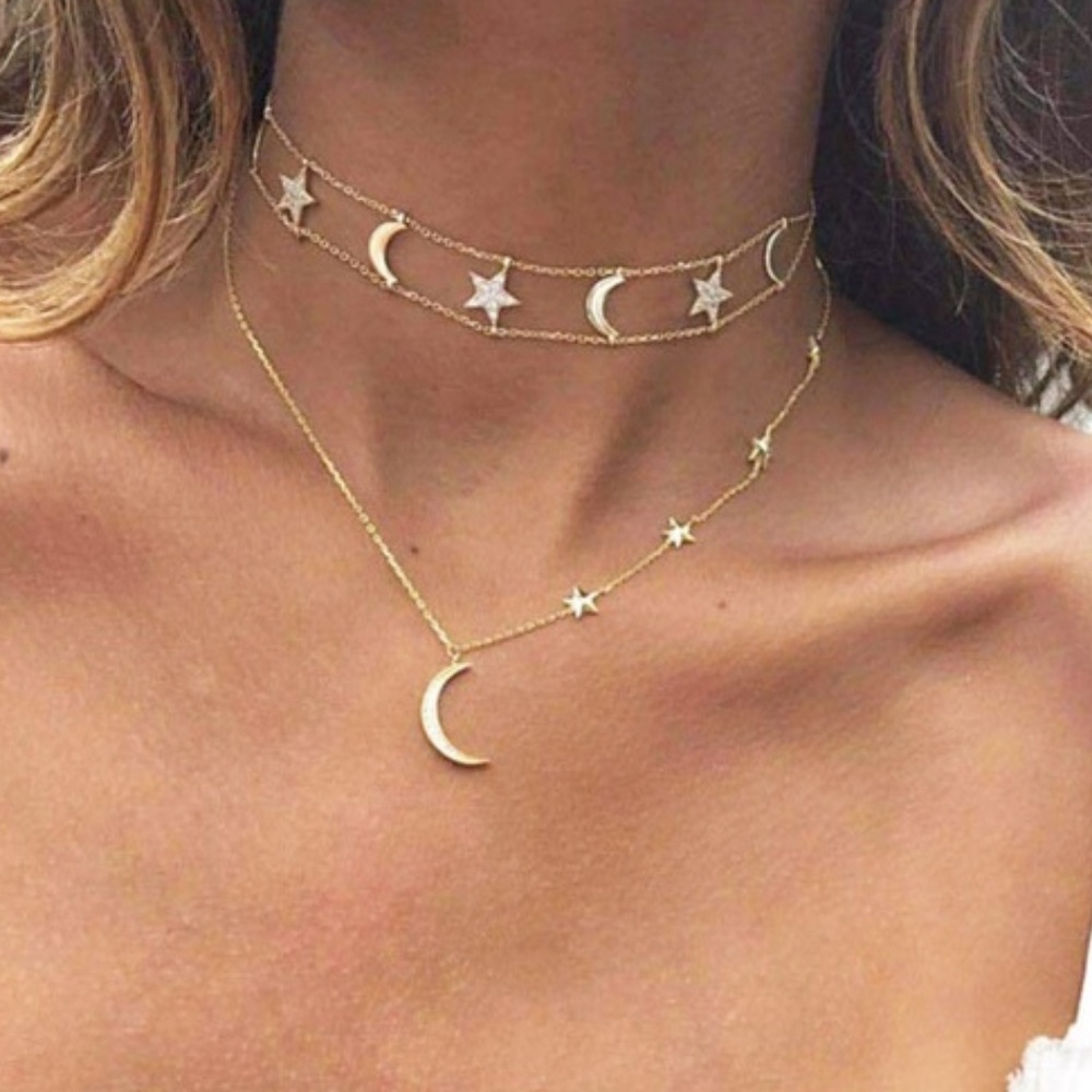 Layered Choker Moon & Stars Crystal Bib Necklace - Picture 1 of 6